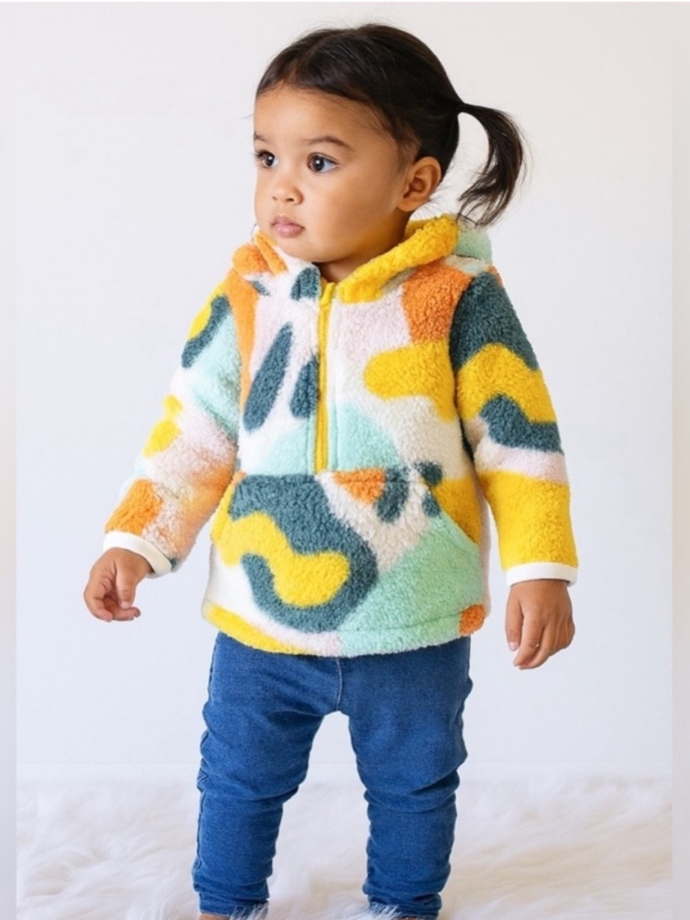 Colored fuzzy hoodie sweater pockets half zip
